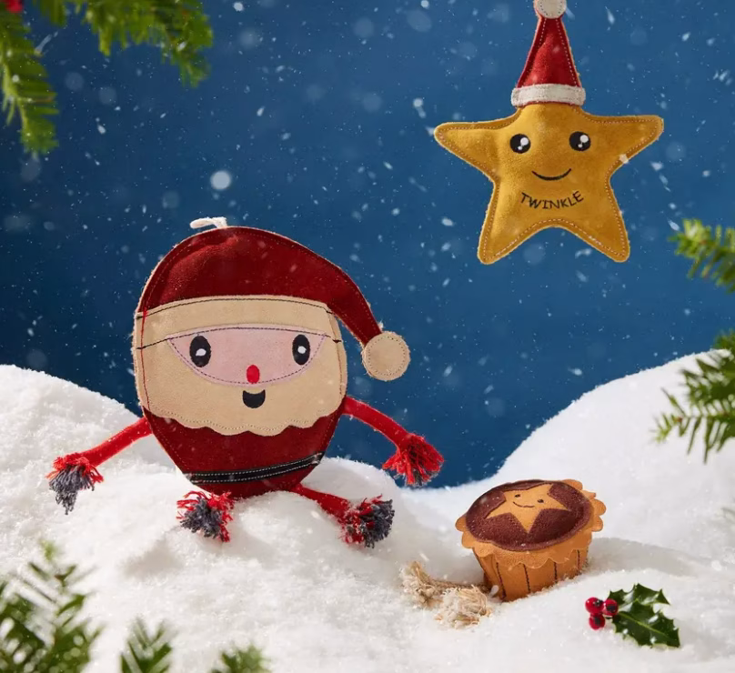 Sustainable Christmas dog toy made from biodegradable suede and natural stuffing