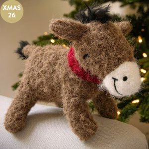 Great and Small Winter Wishes Donkey Christmas plush dog toy with soft wool-effect fabric and embroidered festive scarf